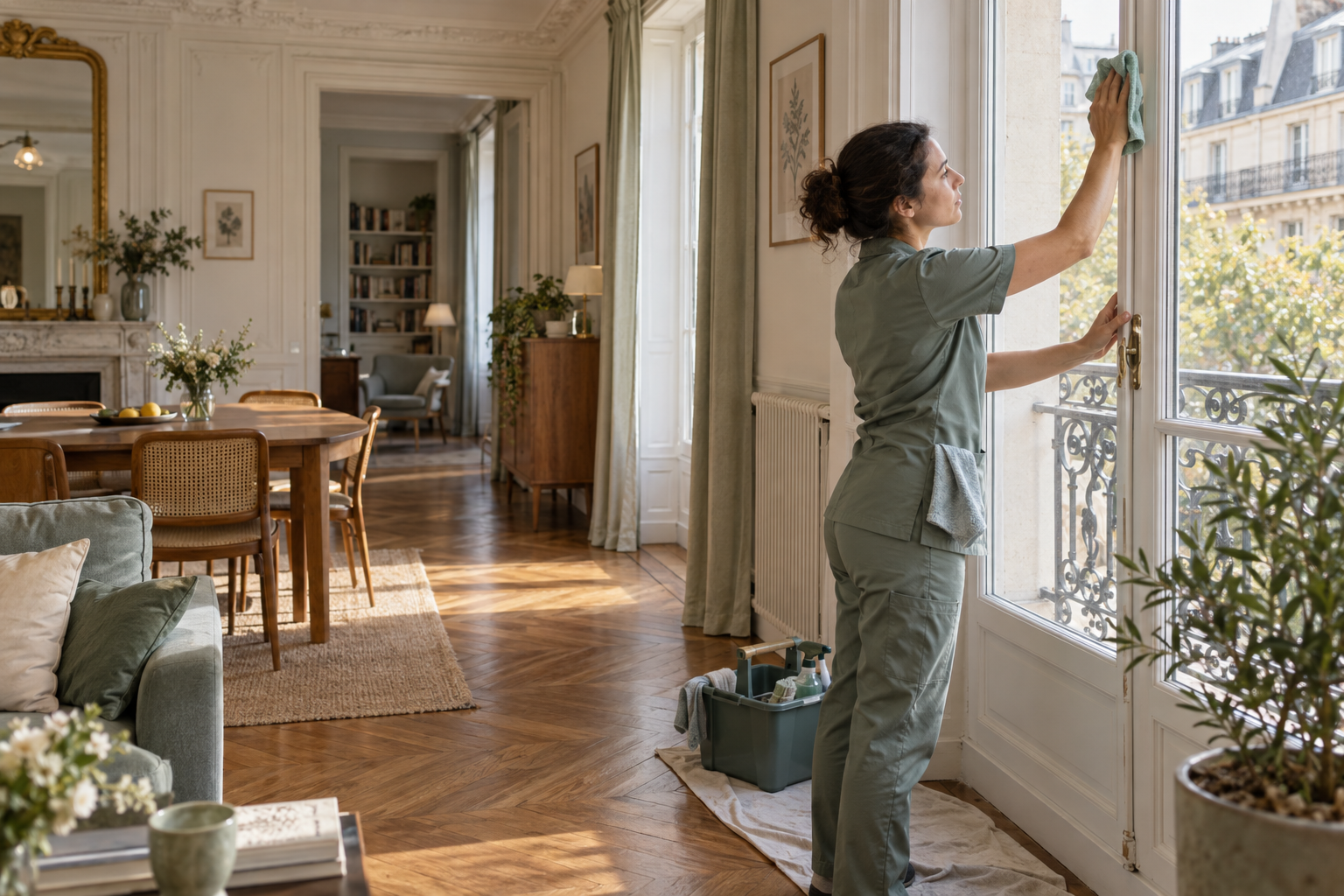 Professionnelle intervenant dans un appartement français lumineux