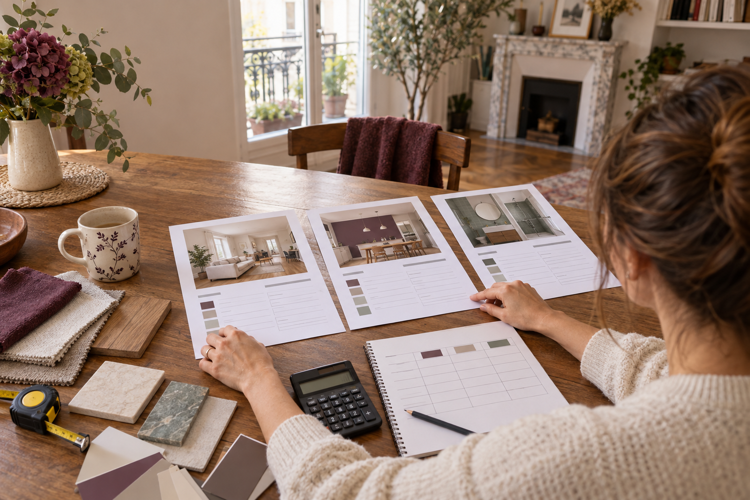 Comparaison de devis et de photos sur une table